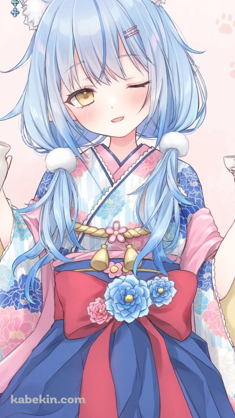 日本酒の瓶とお猪口を持ち酔っぱらう雪花ラミィ / ホロライブ / バーチャルYouTuber / VtuberのAndroidの壁紙(480px x 854px) スマホ用