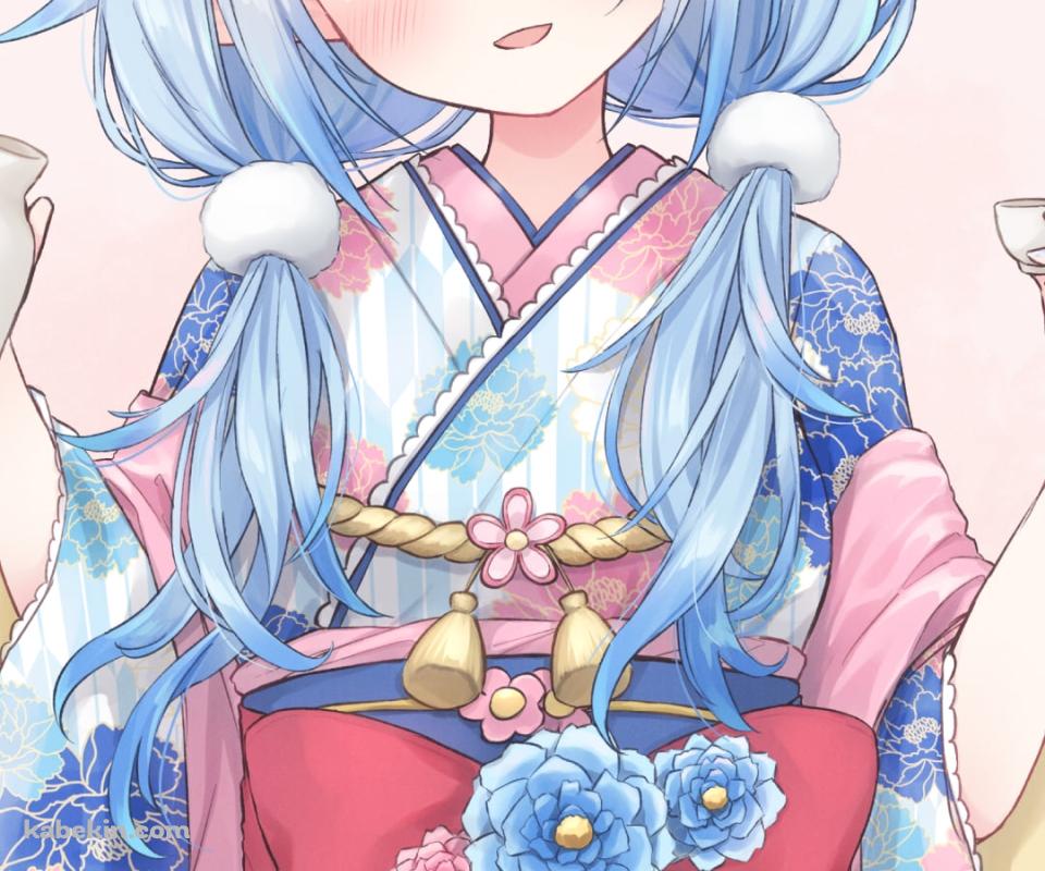 日本酒の瓶とお猪口を持ち酔っぱらう雪花ラミィ / ホロライブ / バーチャルYouTuber / VtuberのAndroidの壁紙(960px x 800px) スマホ用