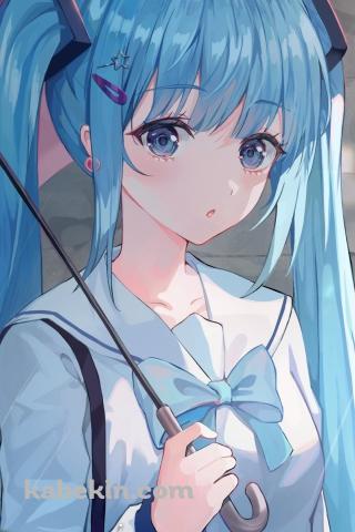 ピンクの傘をさして緑の葉の上のカタツムリを見る初音ミク / ボカロ / ボーカロイドのAndroidの壁紙(320px x 480px) スマホ用