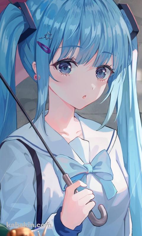 ピンクの傘をさして緑の葉の上のカタツムリを見る初音ミク / ボカロ / ボーカロイドのAndroidの壁紙(480px x 800px) スマホ用