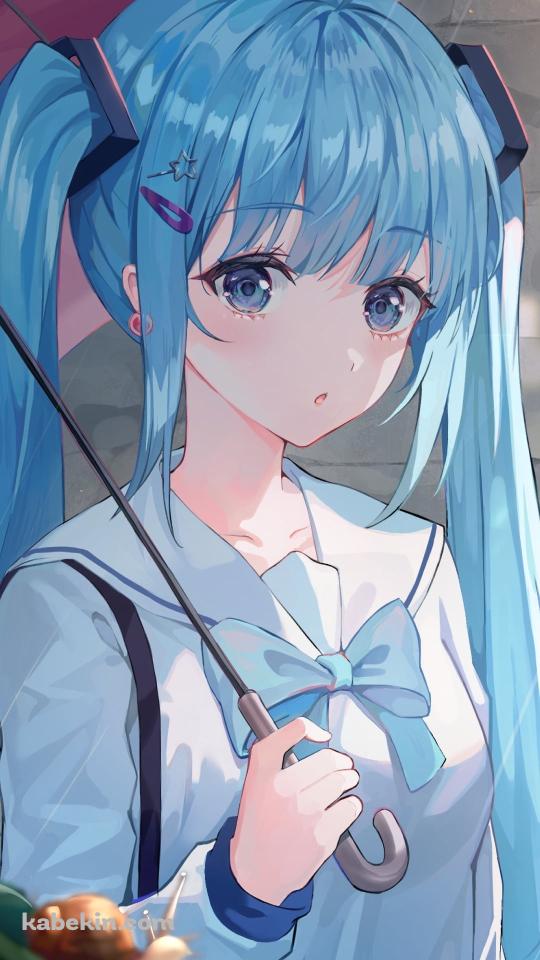 ピンクの傘をさして緑の葉の上のカタツムリを見る初音ミク / ボカロ / ボーカロイドのAndroidの壁紙(540px x 960px) スマホ用