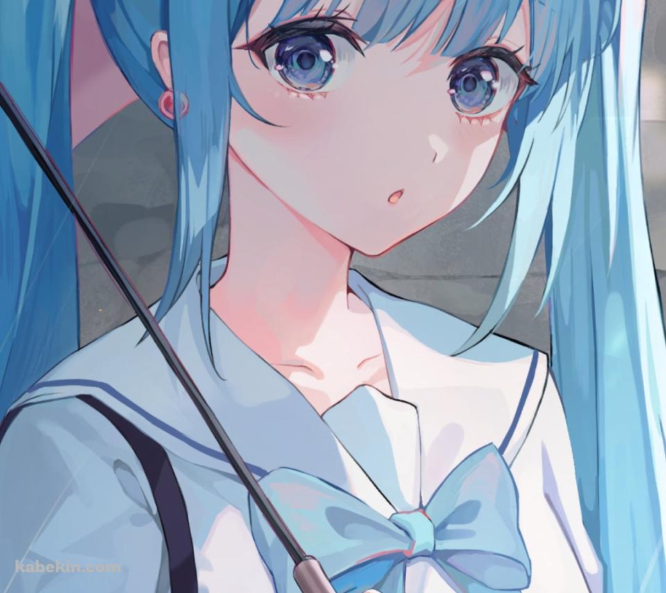 ピンクの傘をさして緑の葉の上のカタツムリを見る初音ミク / ボカロ / ボーカロイドのAndroidの壁紙(960px x 854px) スマホ用