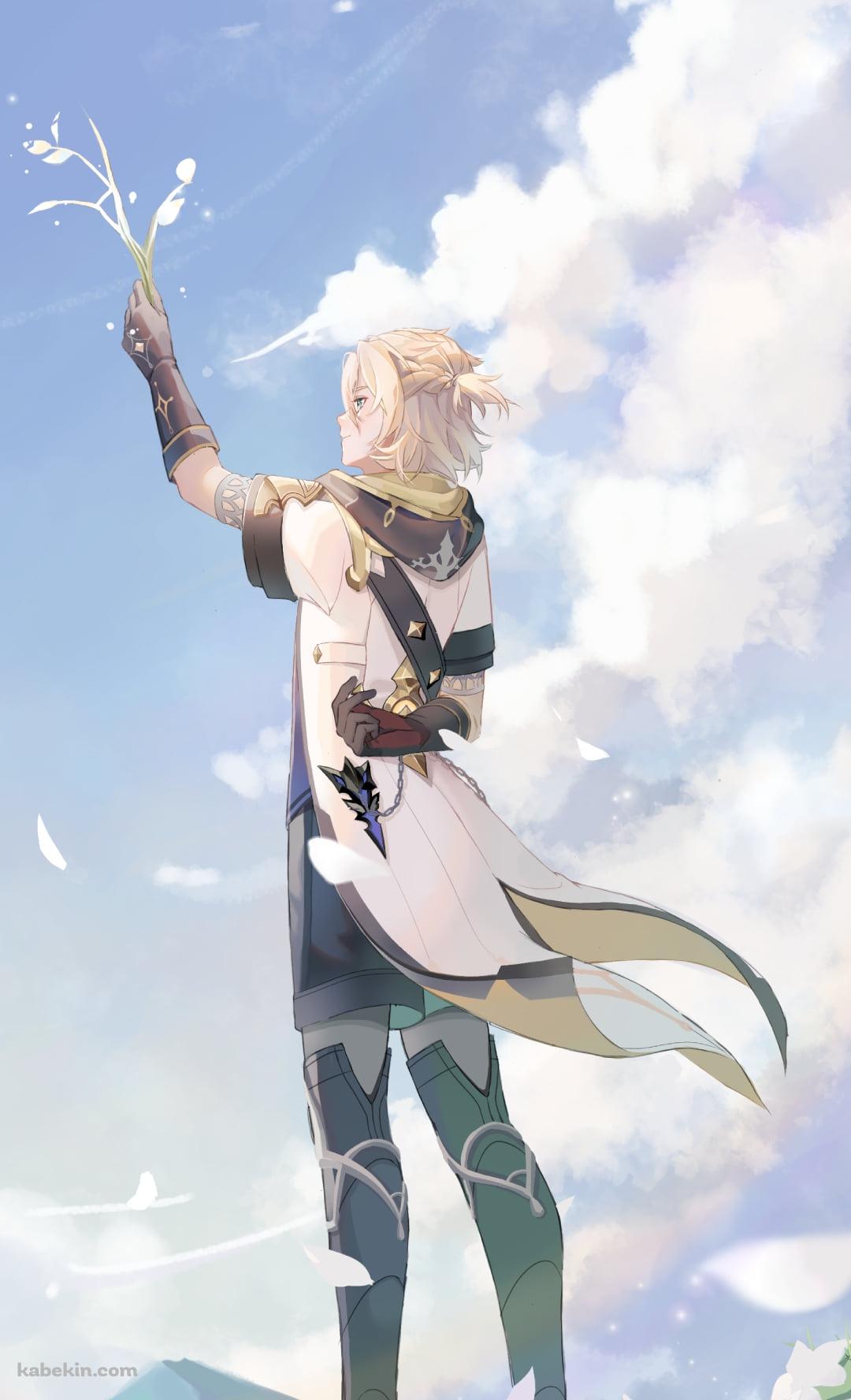 白い百合の花とそれを持ち高く掲げるアルベド / 原神のAndroidの壁紙(1080px x 1776px) スマホ用