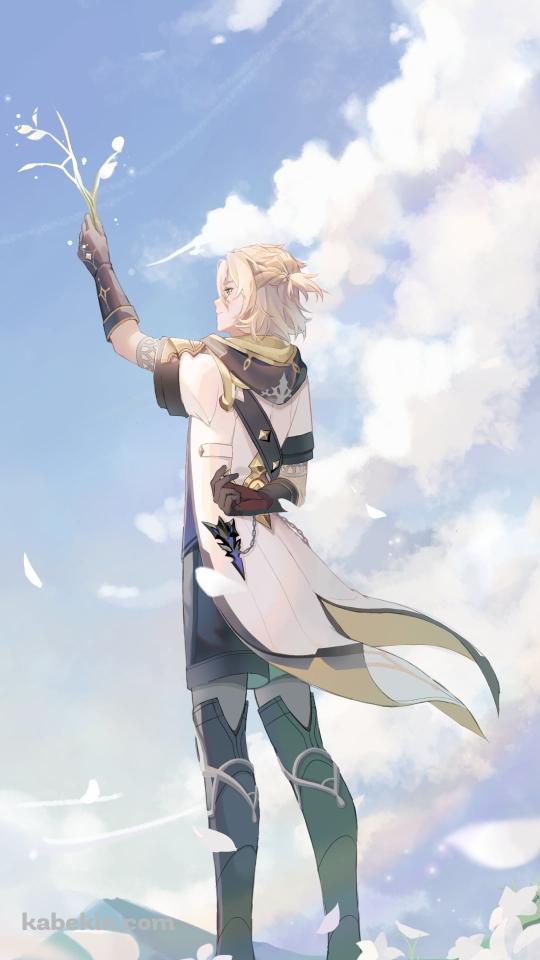 白い百合の花とそれを持ち高く掲げるアルベド / 原神のAndroidの壁紙(540px x 960px) スマホ用