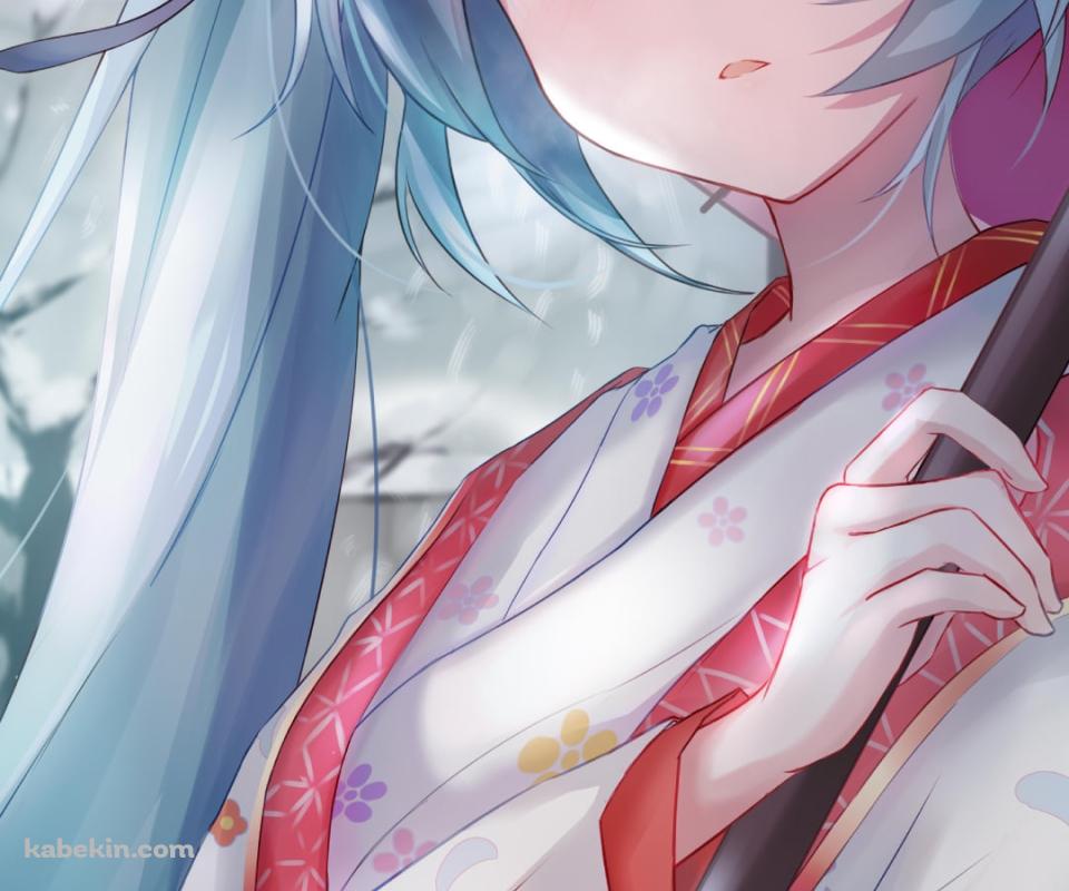 薔薇と梅の花柄の白い着物を着て赤い和傘をさす綺麗な初音ミクのAndroidの壁紙(960px x 800px) スマホ用