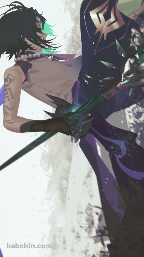 白い花が咲く大地で立て膝をつく魈（しょう） / かっこいい / 原神のAndroidの壁紙(480px x 854px) スマホ用