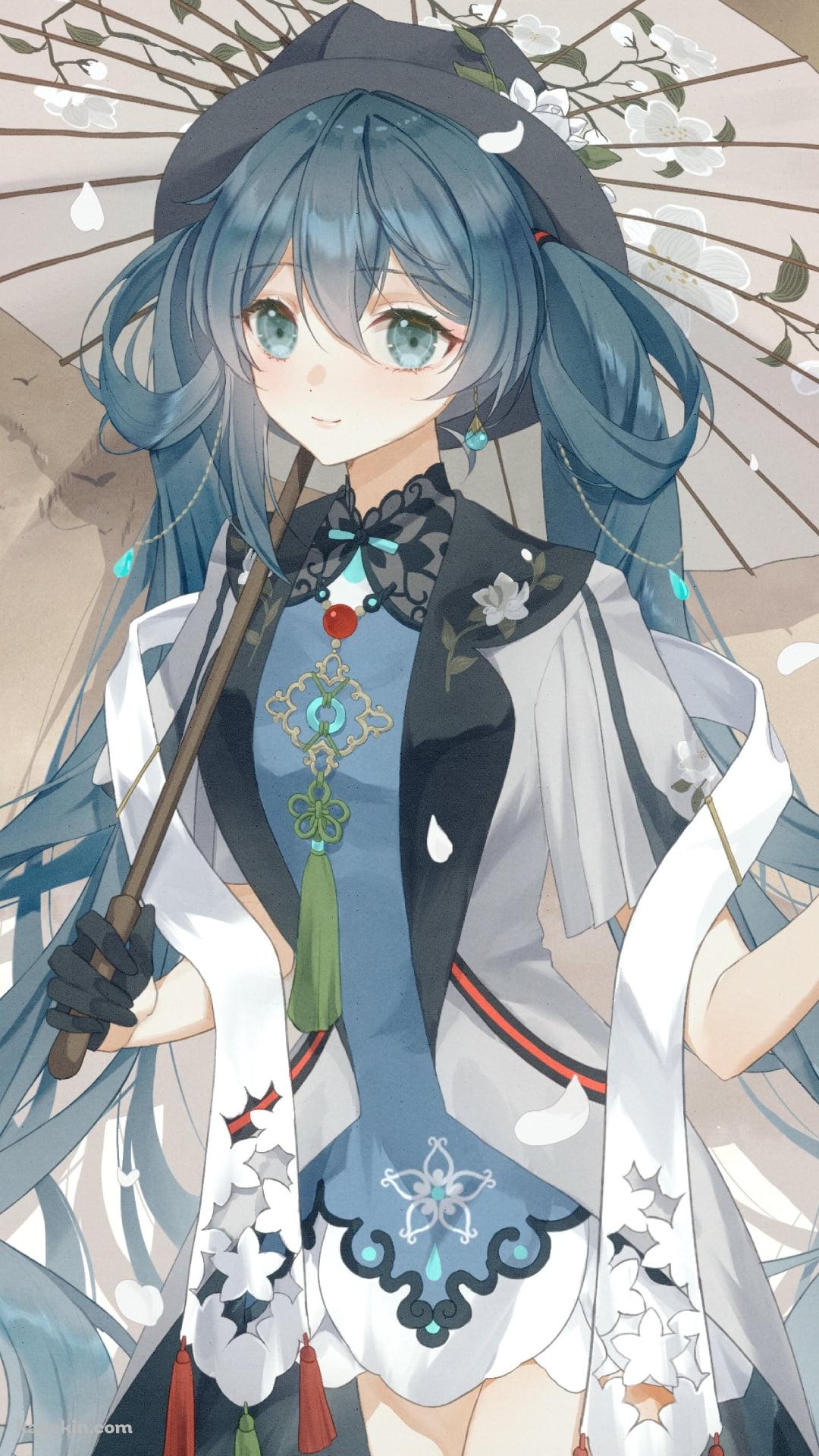 白い花柄の傘をさす初音ミク / 白と青の洋服 / 初音ミクのAndroidの壁紙(1080px x 1920px) スマホ用
