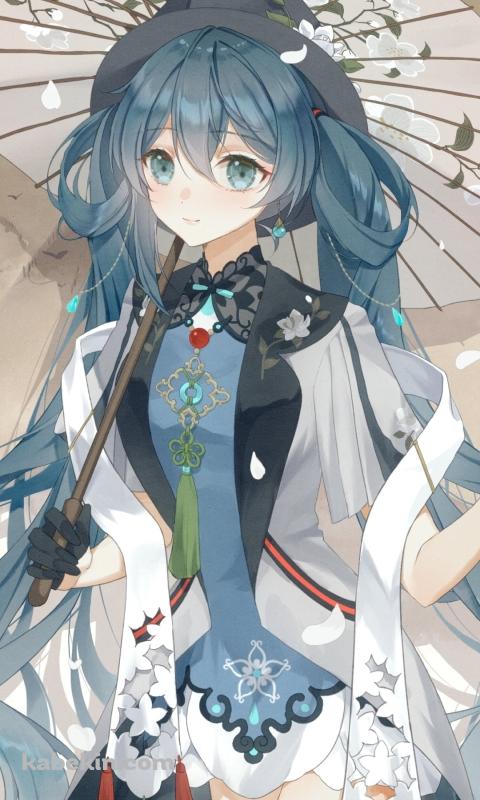 白い花柄の傘をさす初音ミク / 白と青の洋服 / 初音ミクのAndroidの壁紙(480px x 800px) スマホ用