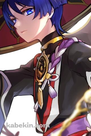 赤い笠に手をかけこちらを見つめるスカラマシュ / 放浪者 / 青い瞳 / 青い髪 / 原神のAndroidの壁紙(320px x 480px) スマホ用