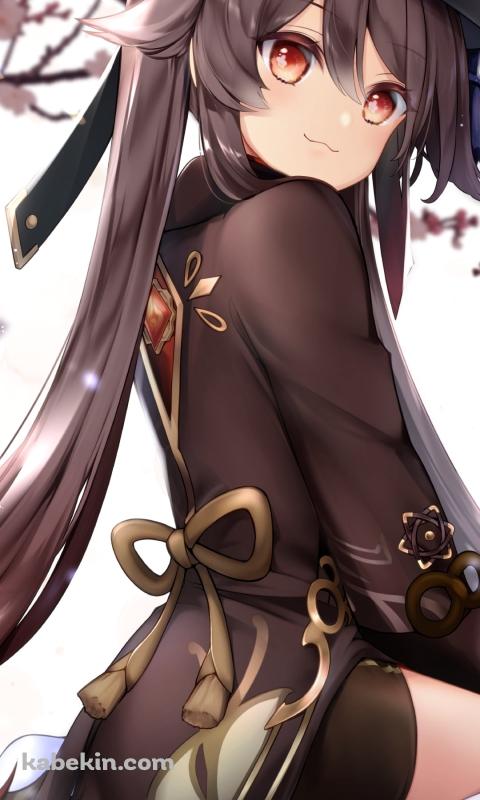 女の子座りをして花見をする胡桃 / 桜 / 原神のAndroidの壁紙(480px x 800px) スマホ用