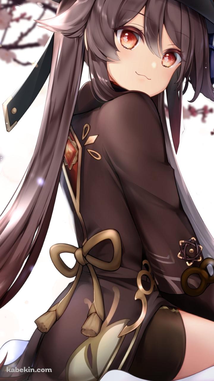 女の子座りをして花見をする胡桃 / 桜 / 原神のAndroidの壁紙(720px x 1280px) スマホ用