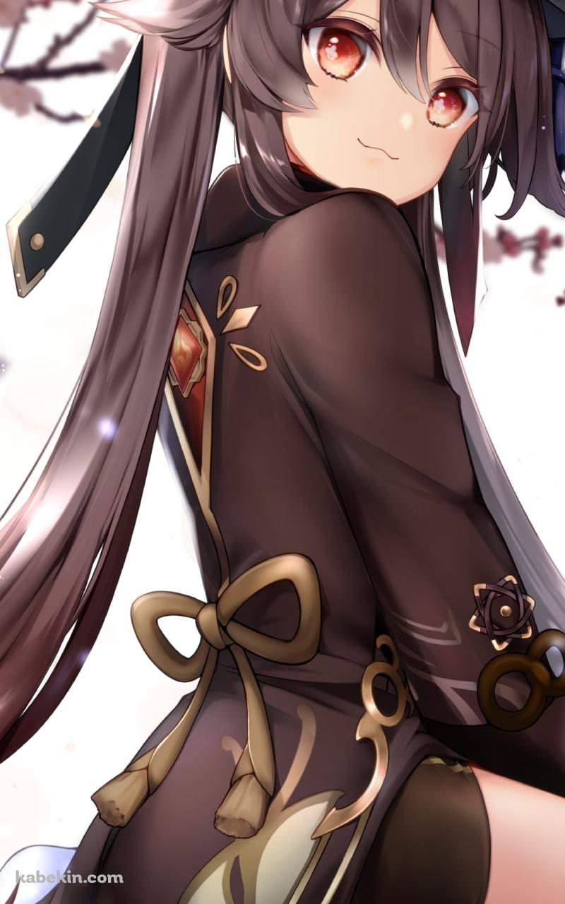 女の子座りをして花見をする胡桃 / 桜 / 原神のAndroidの壁紙(800px x 1280px) スマホ用