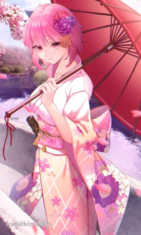 ピンクの着物を着て赤い和傘を持つヒイロ / 桜の花 / 白夜極光のAndroidの壁紙(480px x 800px) スマホ用