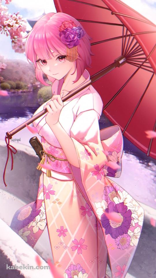 ピンクの着物を着て赤い和傘を持つヒイロ / 桜の花 / 白夜極光のAndroidの壁紙(540px x 960px) スマホ用