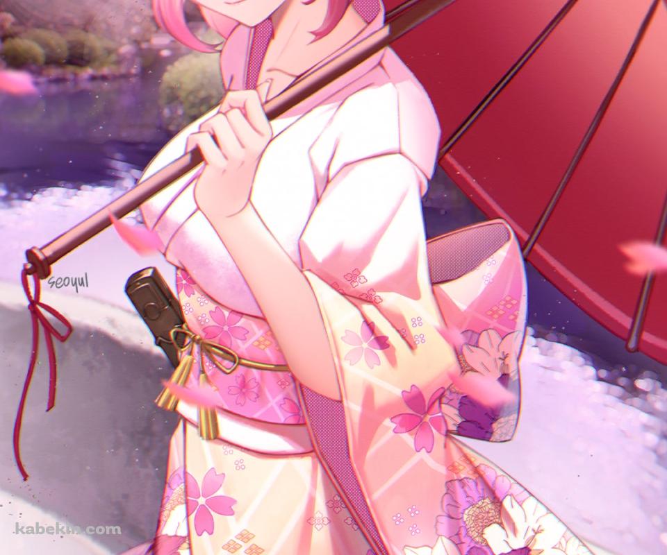 ピンクの着物を着て赤い和傘を持つヒイロ / 桜の花 / 白夜極光のAndroidの壁紙(960px x 800px) スマホ用