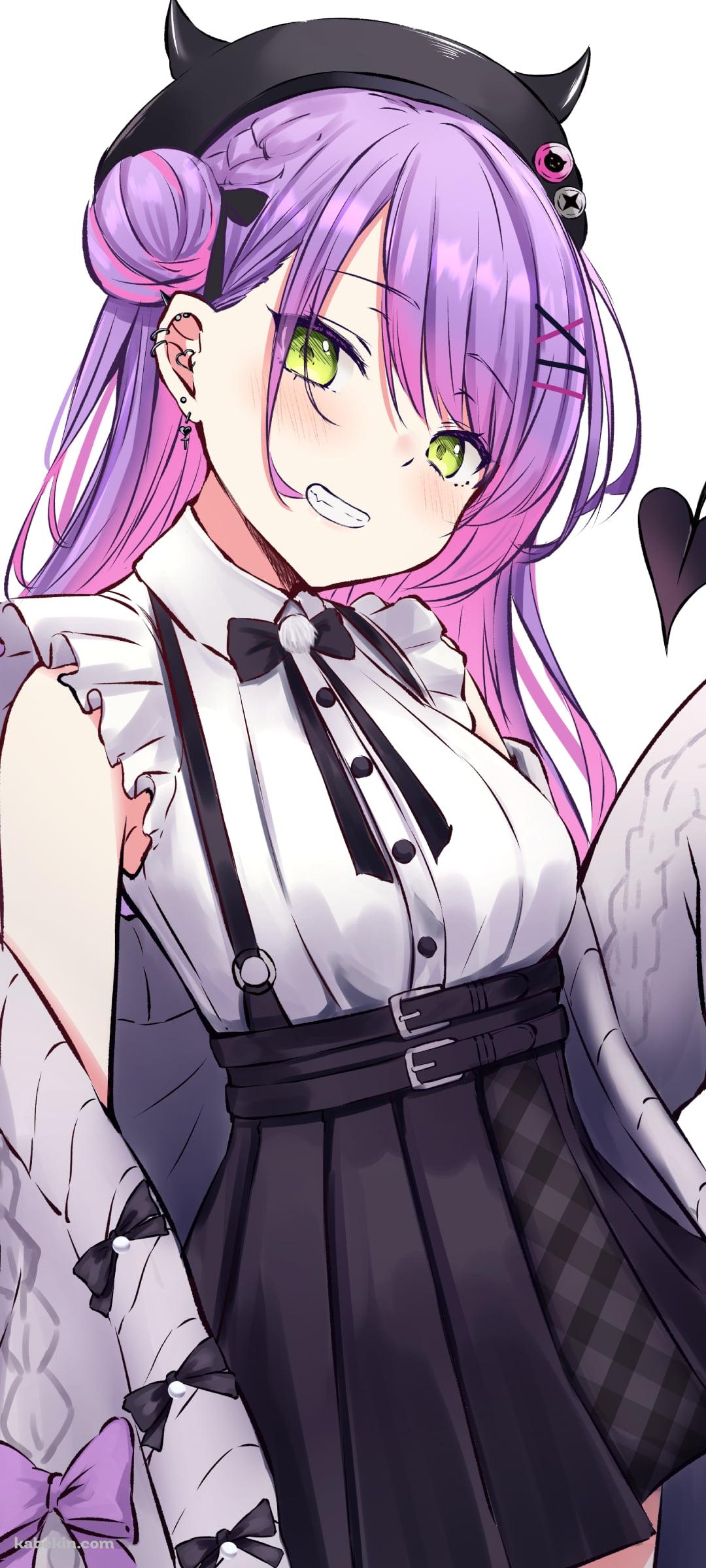 こちらに笑うプニプニの常闇トワ / 緑の瞳 / 紫のロングヘア― / ホロライブ / バーチャルYouTuber / VtuberのAndroidの壁紙(1080px x 2400px) スマホ用