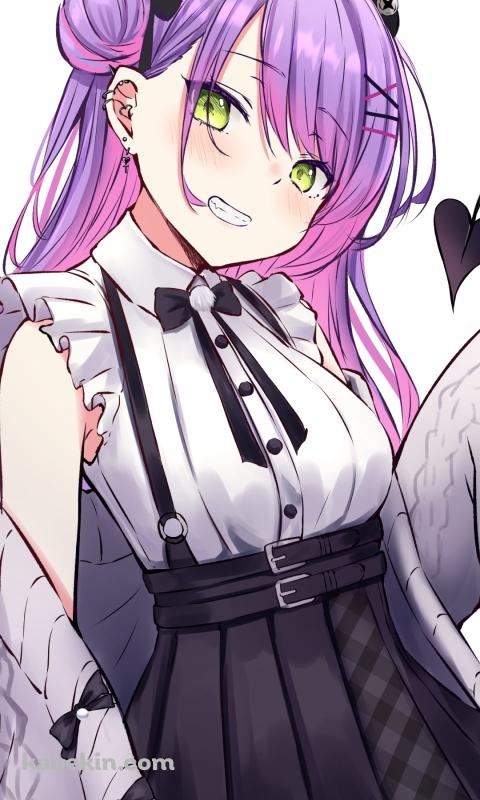 こちらに笑うプニプニの常闇トワ / 緑の瞳 / 紫のロングヘア― / ホロライブ / バーチャルYouTuber / VtuberのAndroidの壁紙(480px x 800px) スマホ用