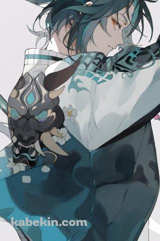 右手を挙げるかっこいい魈 (しょう) / 月を守る仙人 / 夜叉 / 降魔大聖 / 護法夜叉大将 / 原神のAndroidの壁紙(320px x 480px) スマホ用