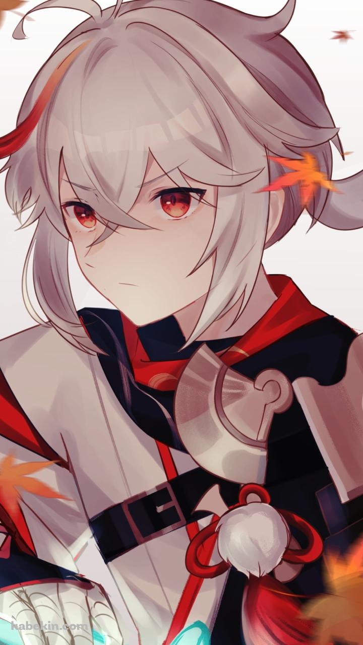 舞い散る赤い楓の葉と青く光る剣に手をかける楓原万葉 / 原神のAndroidの壁紙(720px x 1280px) スマホ用