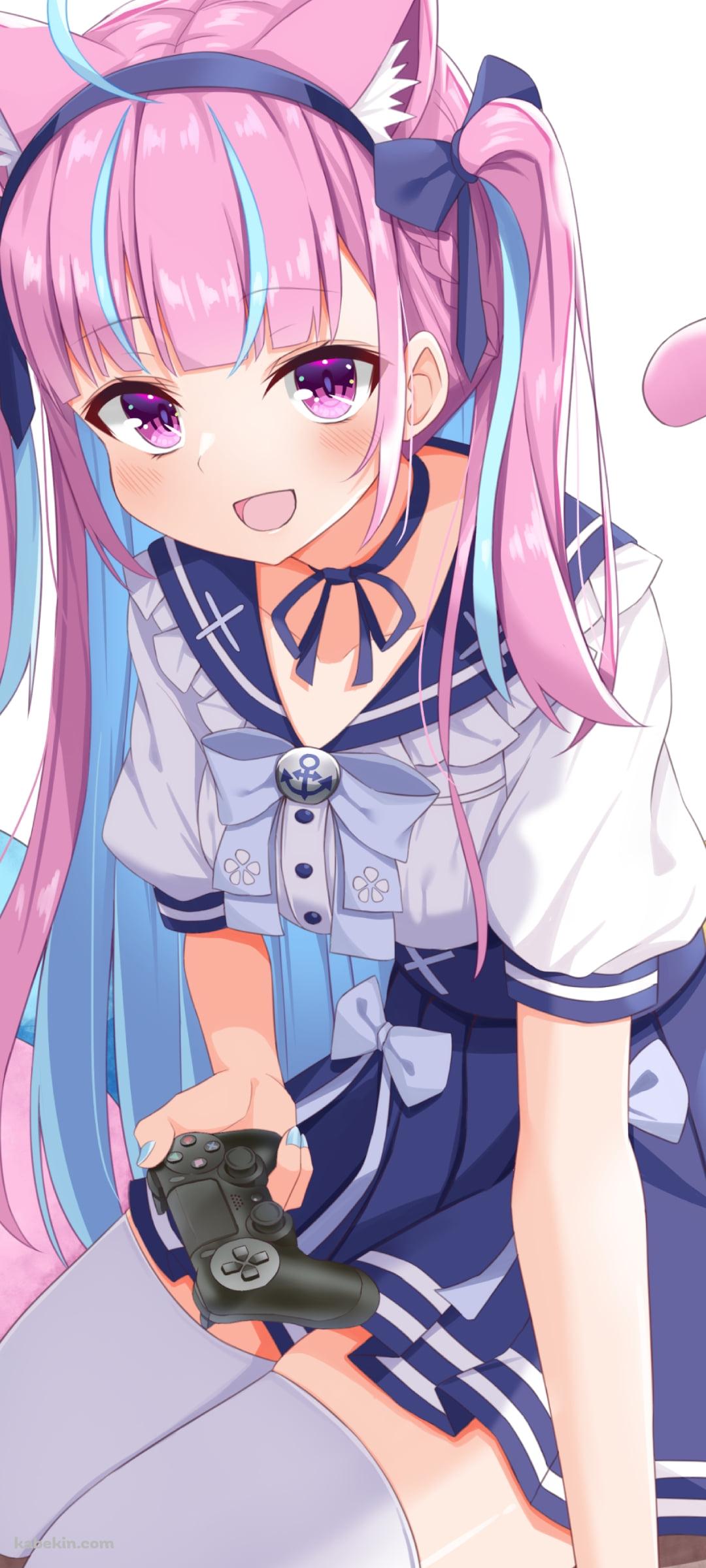 ゲームコントローラーを持つ可愛い湊あくあ / ホロライブ / バーチャルYouTuber / VtuberのAndroidの壁紙(1080px x 2400px) スマホ用