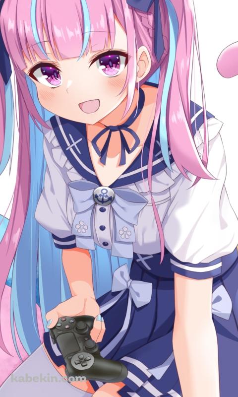 ゲームコントローラーを持つ可愛い湊あくあ / ホロライブ / バーチャルYouTuber / VtuberのAndroidの壁紙(480px x 800px) スマホ用