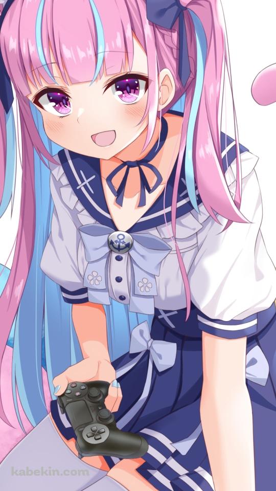 ゲームコントローラーを持つ可愛い湊あくあ / ホロライブ / バーチャルYouTuber / VtuberのAndroidの壁紙(540px x 960px) スマホ用