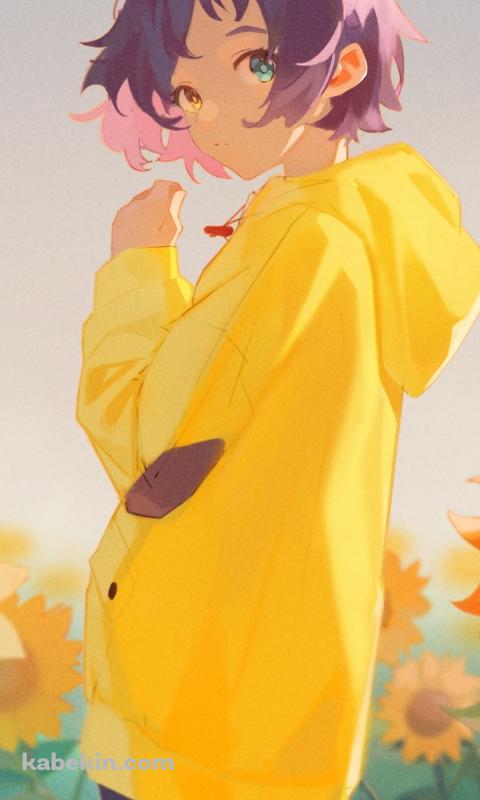 向日葵畑と黄色い服を着た可愛い大戸アイ (おおとあい) / ワンダーエッグ・プライオリティのAndroidの壁紙(480px x 800px) スマホ用