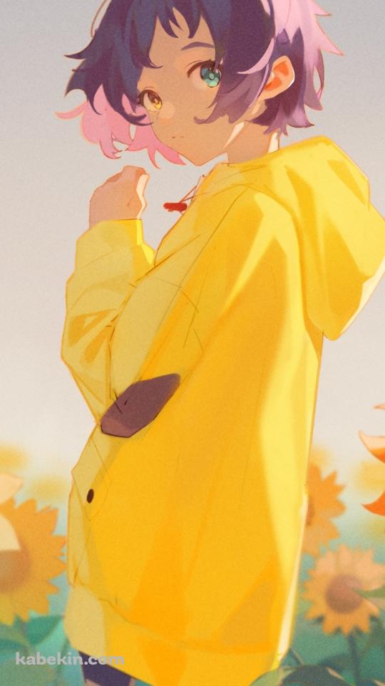 向日葵畑と黄色い服を着た可愛い大戸アイ (おおとあい) / ワンダーエッグ・プライオリティのAndroidの壁紙(540px x 960px) スマホ用