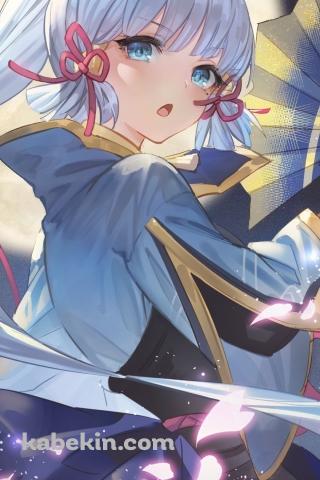 満月と扇子を持ち舞う神里綾華 / 舞い散る桜の花びら / 原神のAndroidの壁紙(320px x 480px) スマホ用