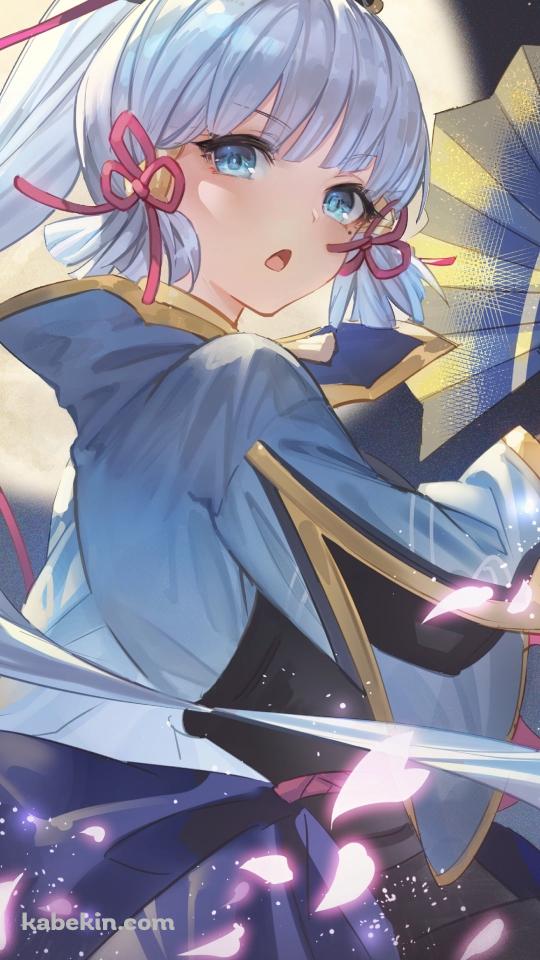 満月と扇子を持ち舞う神里綾華 / 舞い散る桜の花びら / 原神のAndroidの壁紙(540px x 960px) スマホ用