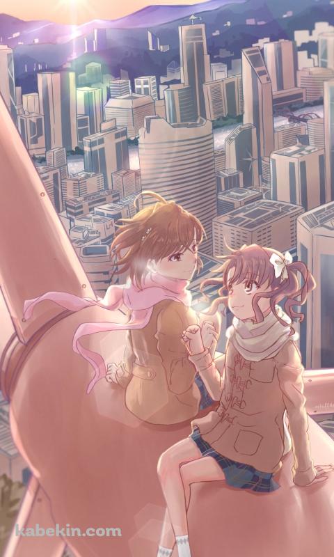 風力タービンに上に座る御坂美琴と白井黒子 / 高層ビル / とある科学の超電磁砲のAndroidの壁紙(480px x 800px) スマホ用