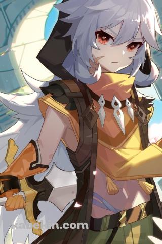 腰の剣に手をかけこちらを見るレザー / 原神のAndroidの壁紙(320px x 480px) スマホ用