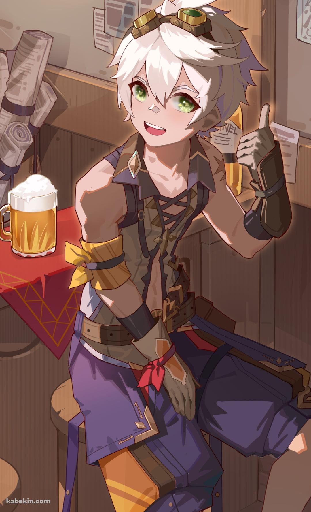 木の椅子に座って左手の親指をたてるベネット / ビールジョッキ / バー / 原神のAndroidの壁紙(1080px x 1776px) スマホ用