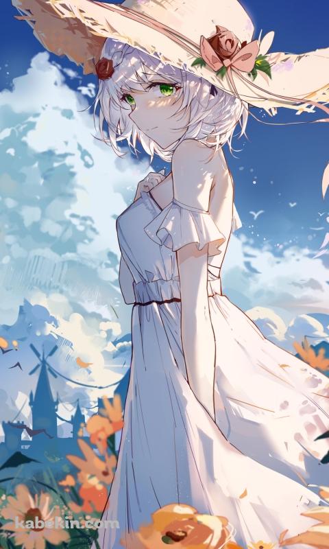 向日葵畑と麦わら帽子を被ったノエル / 原神のAndroidの壁紙(480px x 800px) スマホ用