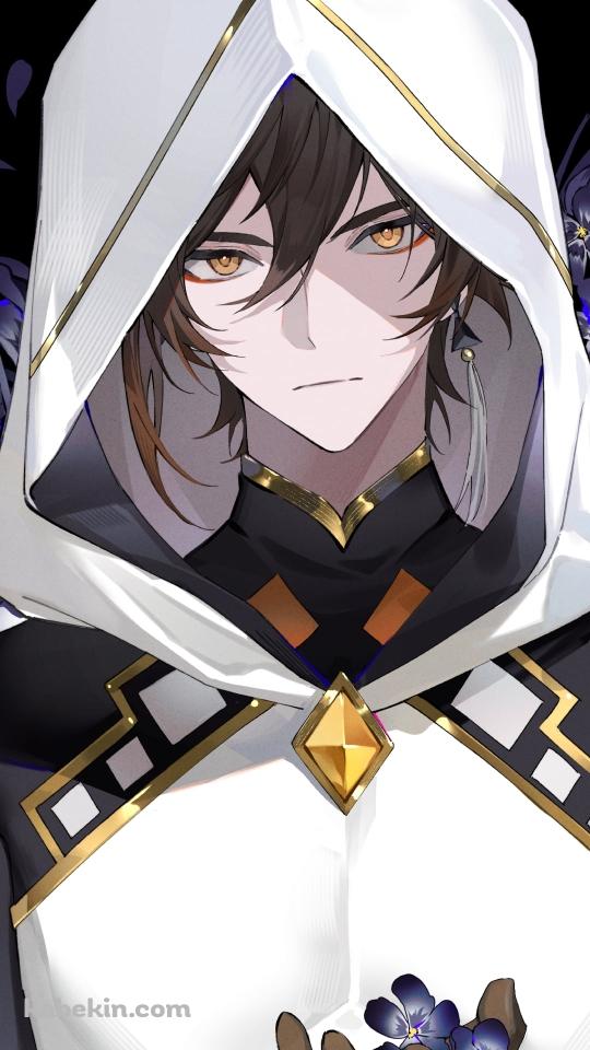 黒い花を持つ白いフードを被ったかっこいい鍾離 / 原神のAndroidの壁紙(540px x 960px) スマホ用