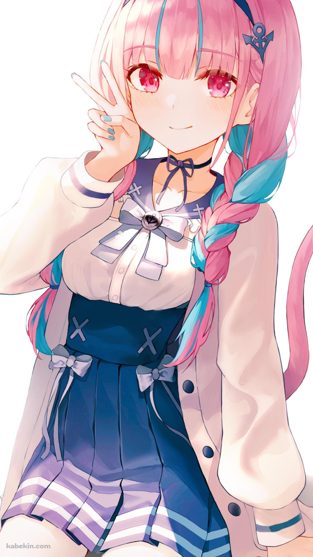 座って右手でピースをする湊あくあ / ホロライブ / バーチャルYouTuber / VtuberのAndroidの壁紙(1080px x 1920px) スマホ用