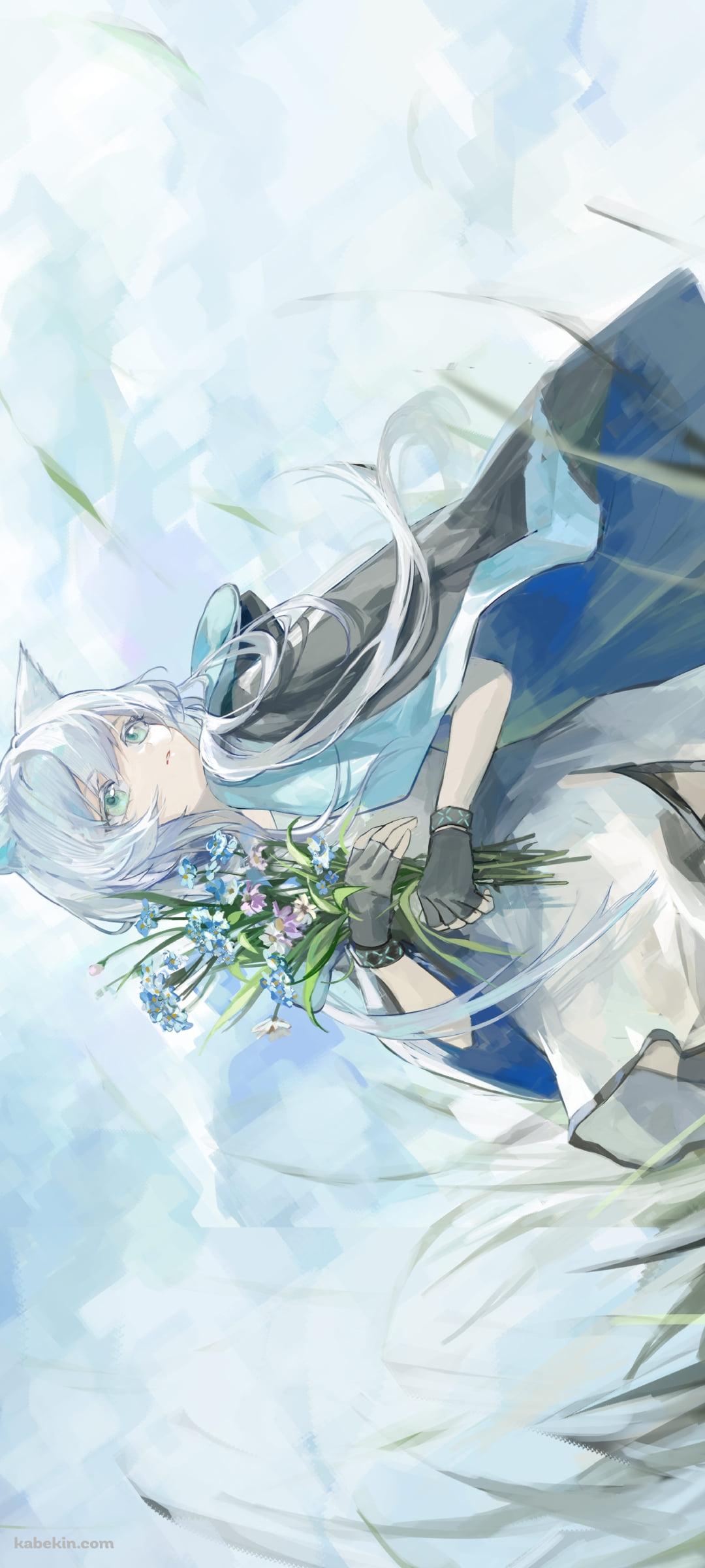 草原で青・紫の花を摘むロスモンティス / アークナイツのAndroidの壁紙(1080px x 2400px) スマホ用