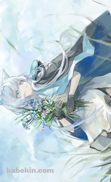 草原で青・紫の花を摘むロスモンティス / アークナイツのAndroidの壁紙(360px x 592px) スマホ用