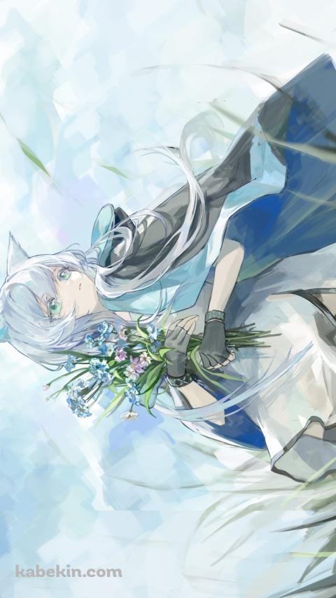 草原で青・紫の花を摘むロスモンティス / アークナイツのAndroidの壁紙(480px x 854px) スマホ用