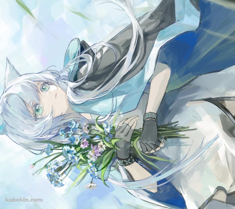 草原で青・紫の花を摘むロスモンティス / アークナイツのAndroidの壁紙(960px x 854px) スマホ用