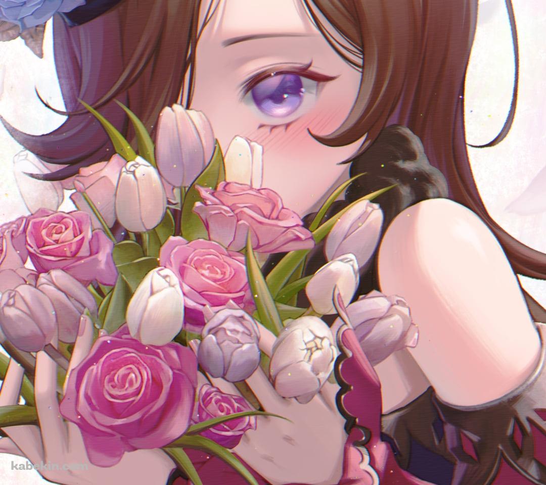 赤・白の薔薇の花束で顔を隠すライスシャワー / ウマ娘プリティーダービーのAndroidの壁紙(1080px x 960px) スマホ用