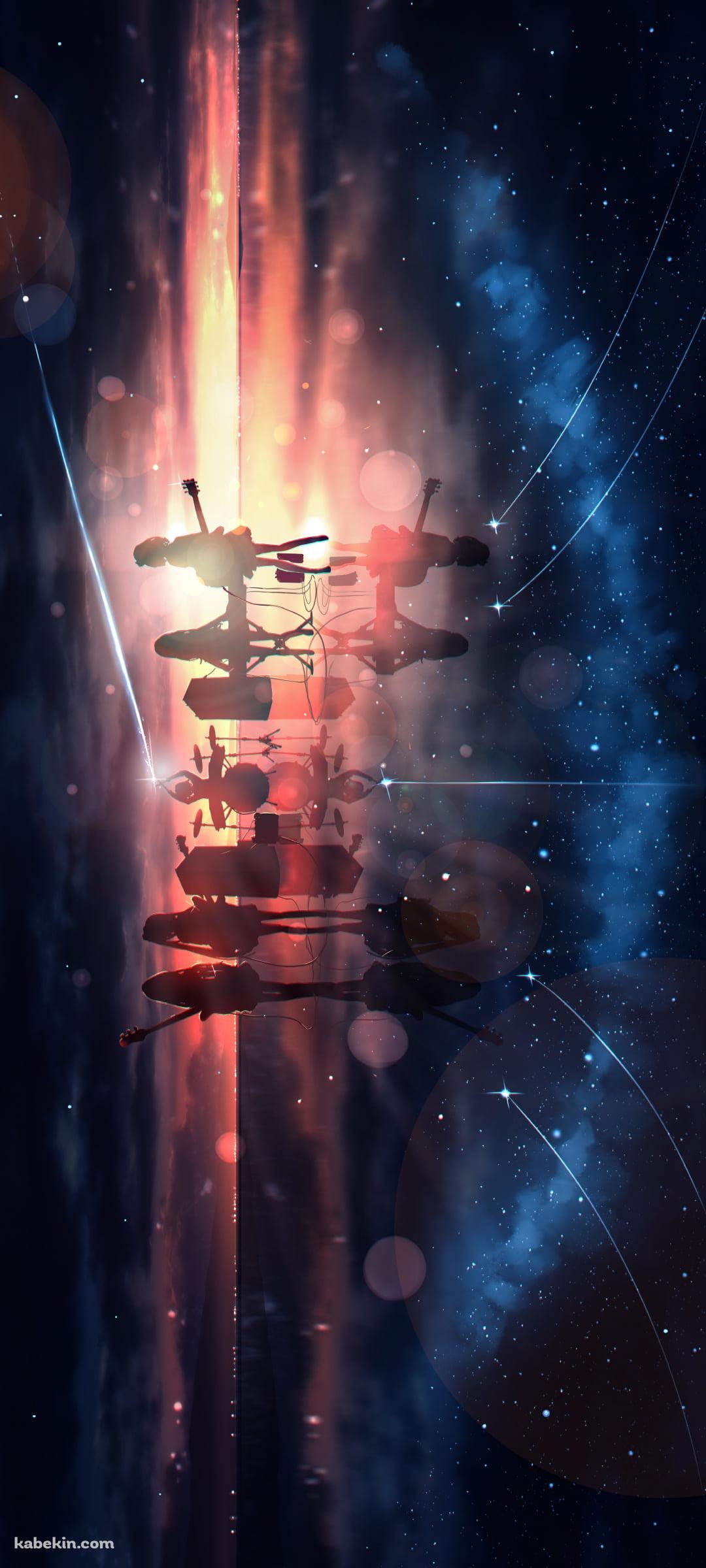 夜のウユニ湖でバンド演奏をする秋山澪、平沢唯、中野梓、琴吹紬、田井中律 / けいおん!のAndroidの壁紙(1080px x 2400px) スマホ用