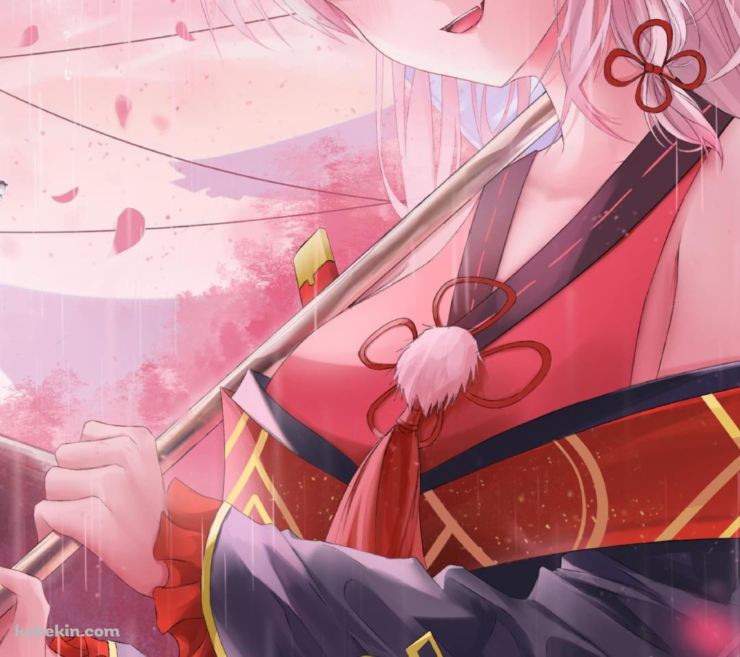 桜の花が舞い雨が降る中でビニール傘をさす可愛い百鬼あやめ / ホロライブ / バーチャルYouTuber / VtuberのAndroidの壁紙(1080px x 960px) スマホ用