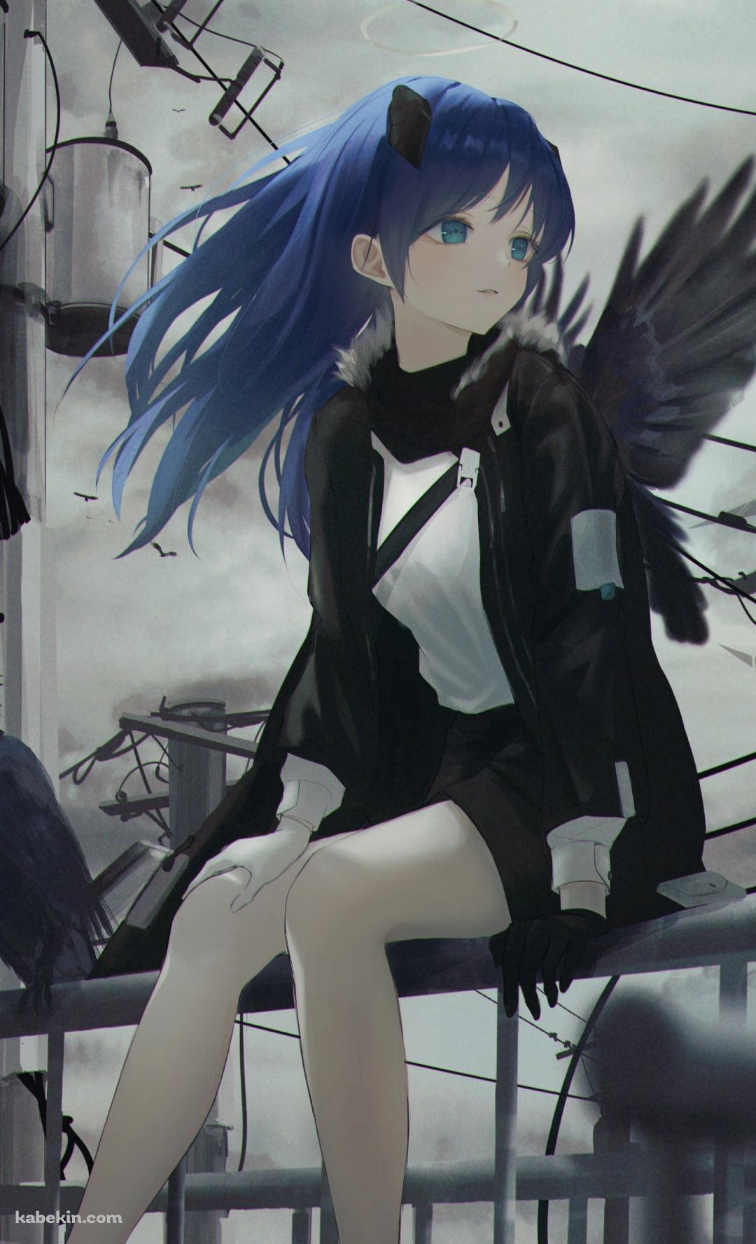 鉄柵に座るモスティマとカラス / 電柱 / 曇り空 / アークナイツのAndroidの壁紙(1080px x 1776px) スマホ用