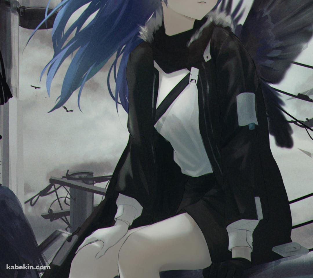 鉄柵に座るモスティマとカラス / 電柱 / 曇り空 / アークナイツのAndroidの壁紙(1080px x 960px) スマホ用