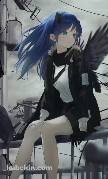 鉄柵に座るモスティマとカラス / 電柱 / 曇り空 / アークナイツのAndroidの壁紙(360px x 592px) スマホ用