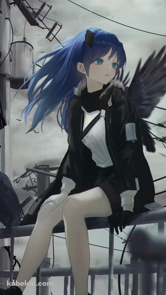 鉄柵に座るモスティマとカラス / 電柱 / 曇り空 / アークナイツのAndroidの壁紙(540px x 960px) スマホ用