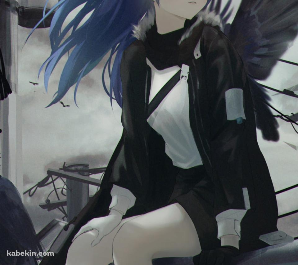 鉄柵に座るモスティマとカラス / 電柱 / 曇り空 / アークナイツのAndroidの壁紙(960px x 854px) スマホ用