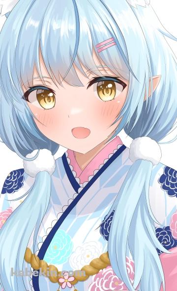 水色の花柄の着物を着た可愛い雪花ラミィ / ホロライブ / バーチャルYouTuber / VtuberのAndroidの壁紙(360px x 592px) スマホ用