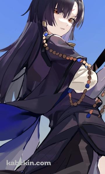 黒い武器を持ち振り返るサガ / アークナイツのAndroidの壁紙(360px x 592px) スマホ用